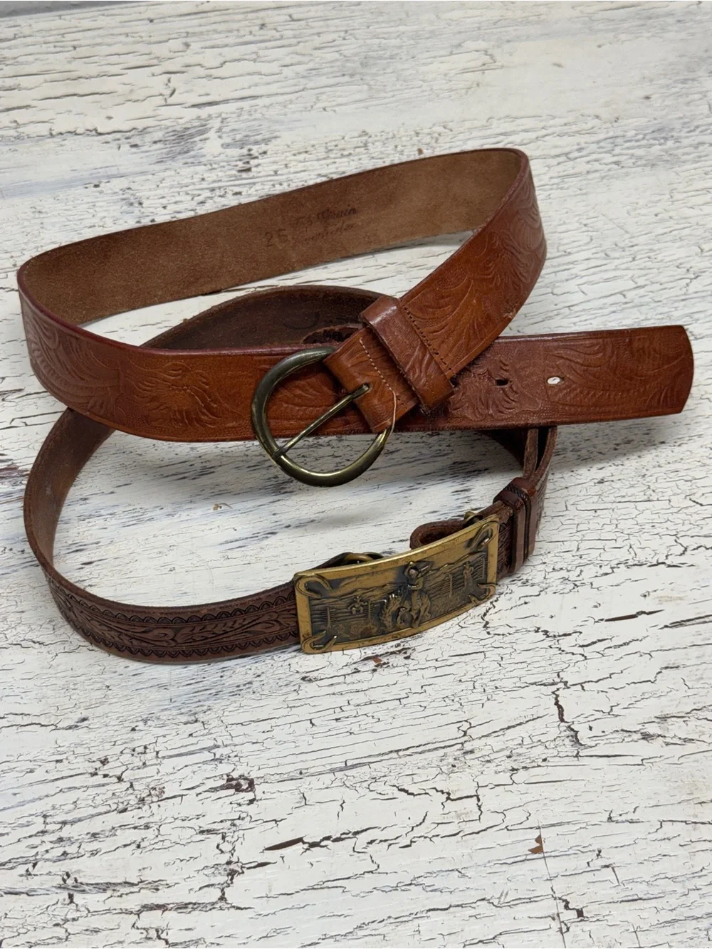 Vintage Young Boys Brown Tooled Leather Belts with Western Buckle Adjustable